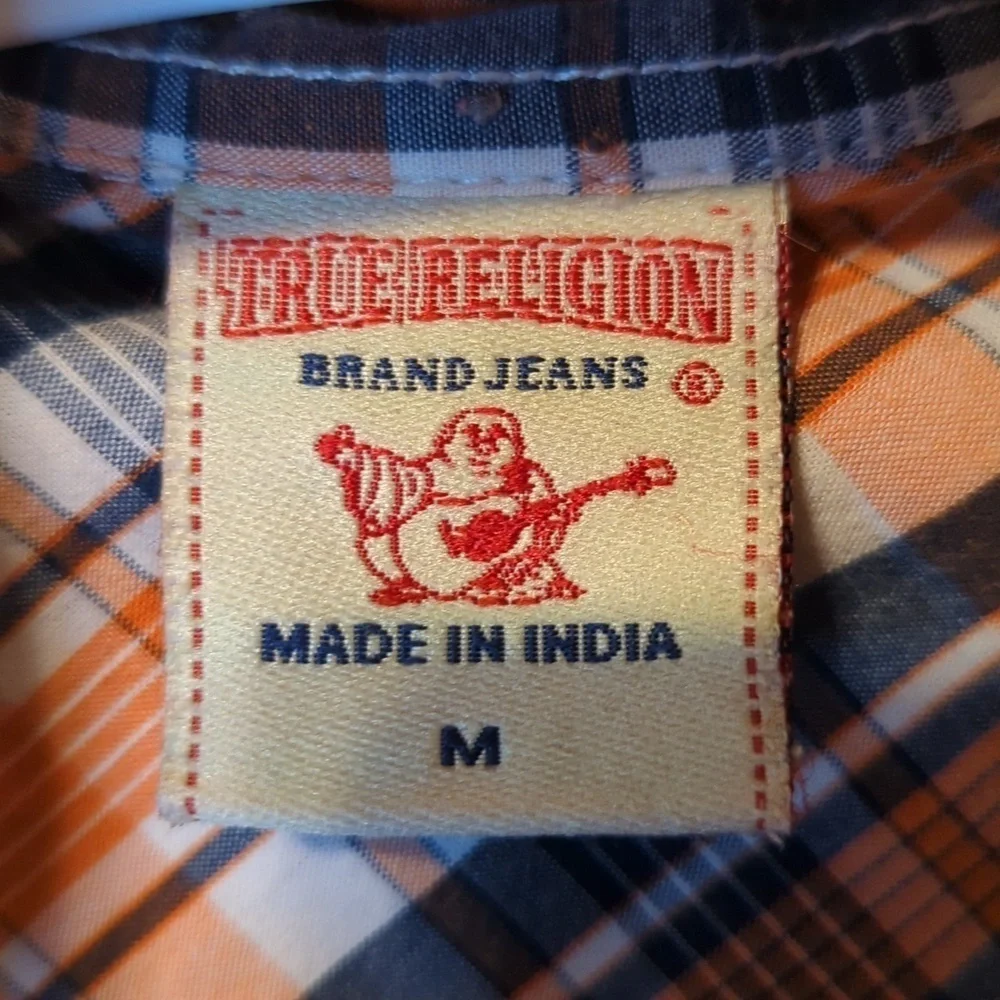 True Religion Mens Button Up Plaid Orange/Blue Sz M
